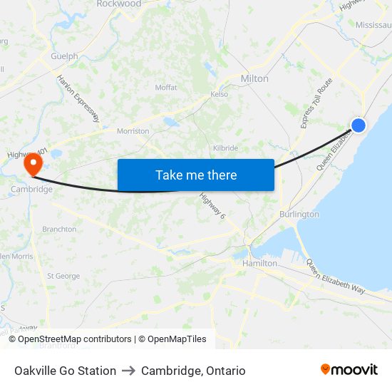 Oakville Go Station to Cambridge, Ontario map