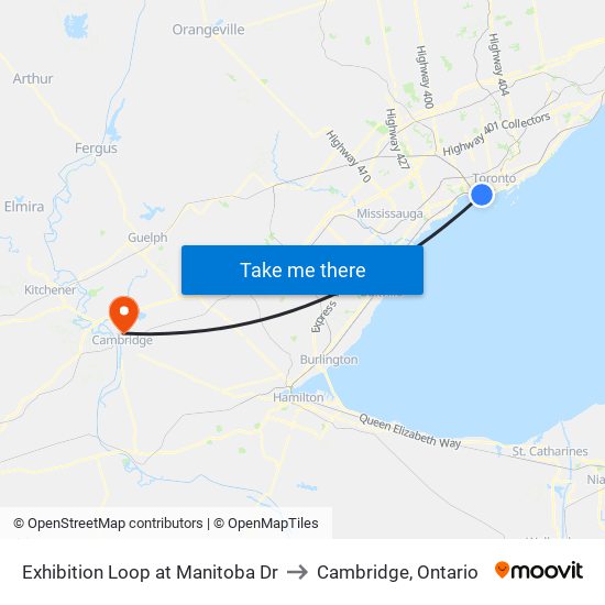Exhibition Loop at Manitoba Dr to Cambridge, Ontario map