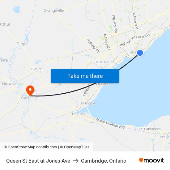Queen St East at Jones Ave to Cambridge, Ontario map