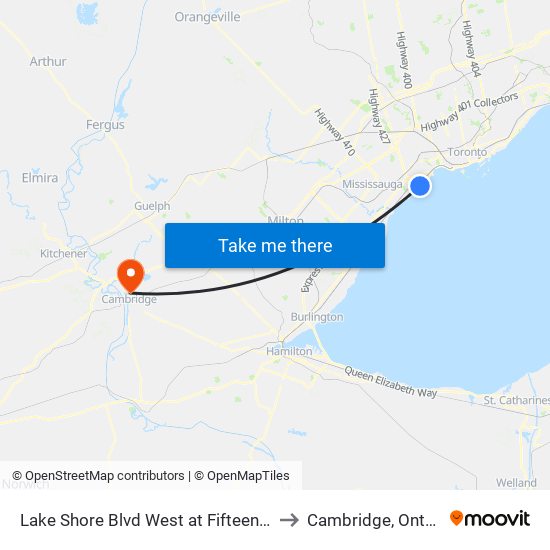 Lake Shore Blvd West at Fifteenth St to Cambridge, Ontario map