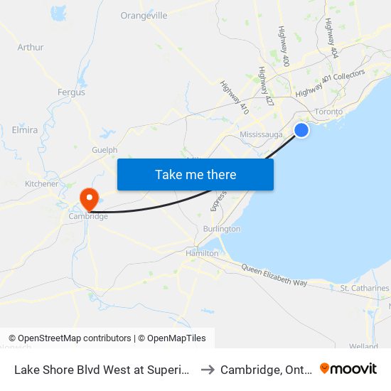 Lake Shore Blvd West at Superior Ave to Cambridge, Ontario map