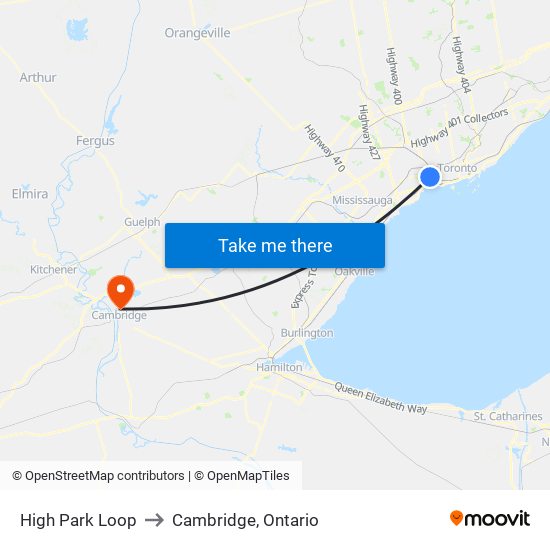 High Park Loop to Cambridge, Ontario map