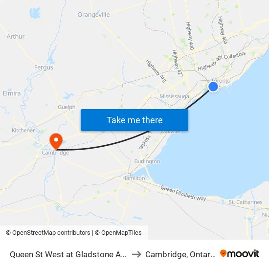 Queen St West at Gladstone Ave to Cambridge, Ontario map