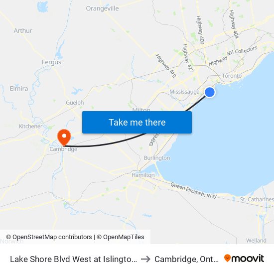 Lake Shore Blvd West at Islington Ave to Cambridge, Ontario map