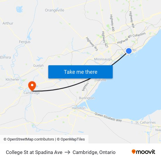 College St at Spadina Ave to Cambridge, Ontario map