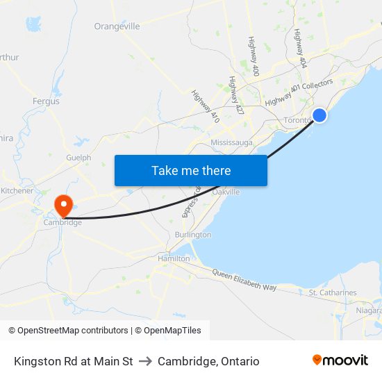 Kingston Rd at Main St to Cambridge, Ontario map