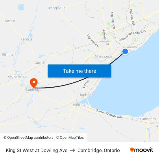 King St West at Dowling Ave to Cambridge, Ontario map