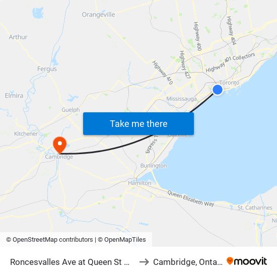 Roncesvalles Ave at Queen St West to Cambridge, Ontario map