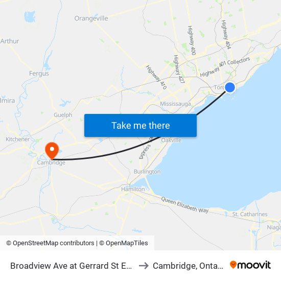 Broadview Ave at Gerrard St East to Cambridge, Ontario map