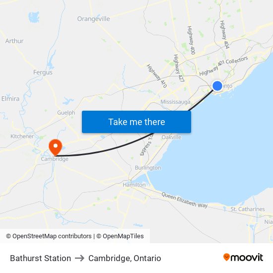 Bathurst Station to Cambridge, Ontario map