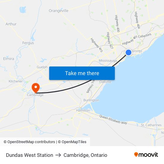 Dundas West Station to Cambridge, Ontario map