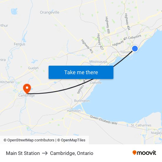 Main St Station to Cambridge, Ontario map