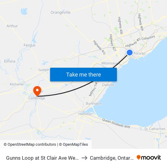 Gunns Loop at St Clair Ave West to Cambridge, Ontario map