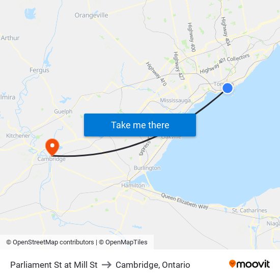 Parliament St at Mill St to Cambridge, Ontario map