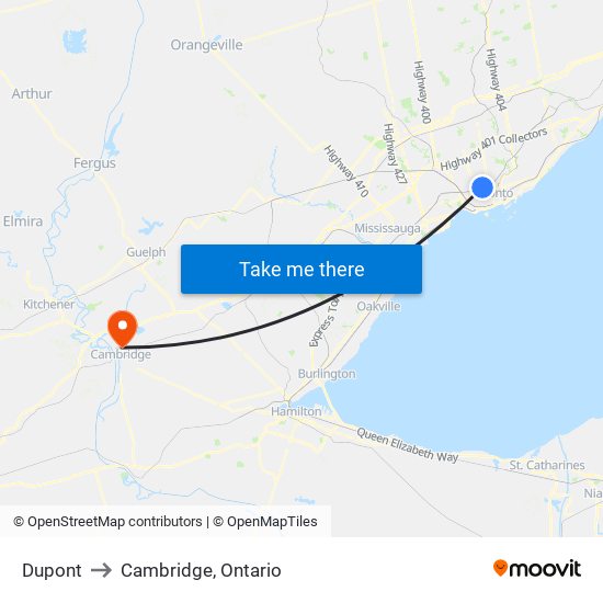 Dupont to Cambridge, Ontario map