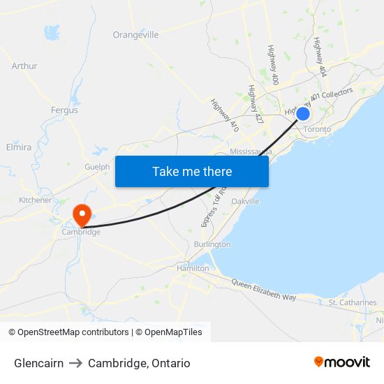 Glencairn to Cambridge, Ontario map