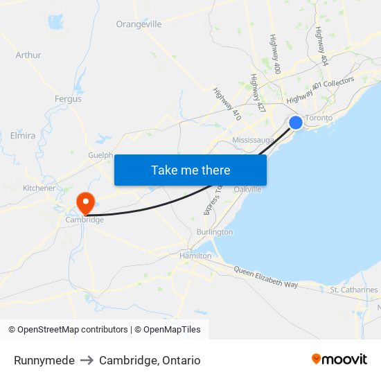 Runnymede to Cambridge, Ontario map