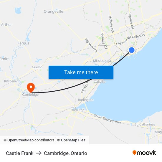 Castle Frank to Cambridge, Ontario map