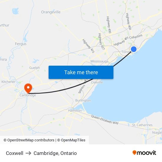 Coxwell to Cambridge, Ontario map