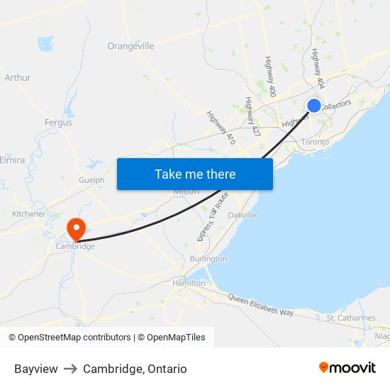 Bayview to Cambridge, Ontario map