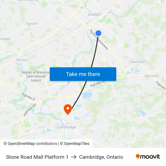 Stone Road Mall Platform 1 to Cambridge, Ontario map