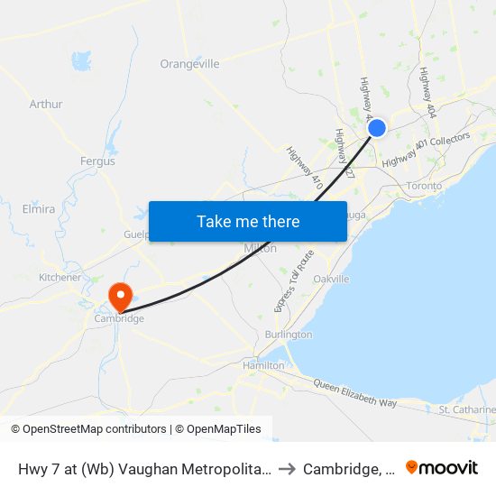 Hwy 7 at (Wb) Vaughan Metropolitan Centre Station to Cambridge, Ontario map