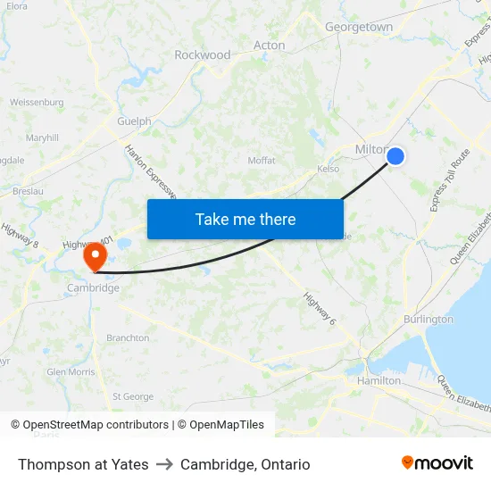 Thompson at Yates to Cambridge, Ontario map