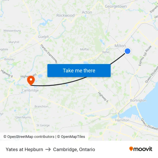Yates at Hepburn to Cambridge, Ontario map