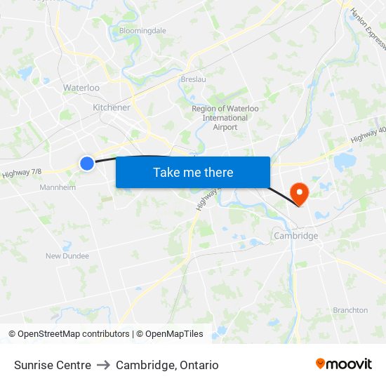 Sunrise Centre to Cambridge, Ontario map