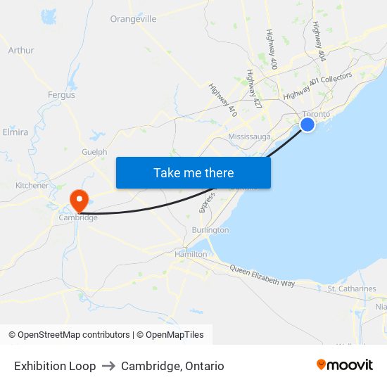 Exhibition Loop to Cambridge, Ontario map