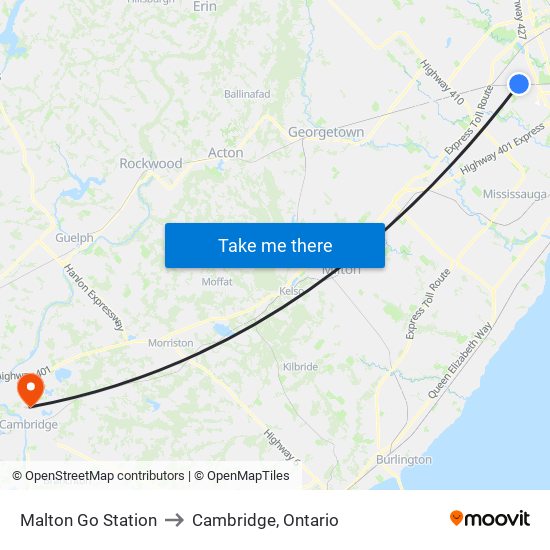 Malton Go Station to Cambridge, Ontario map