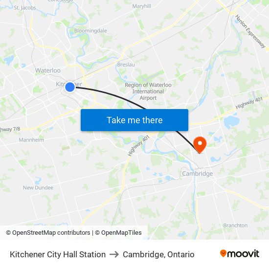 Kitchener City Hall Station to Cambridge, Ontario map