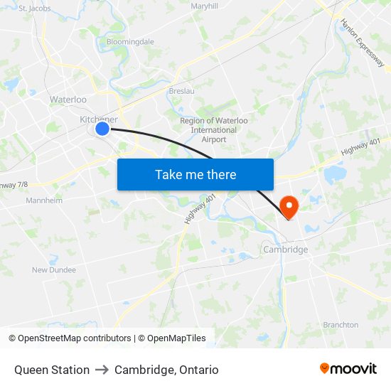 Queen Station to Cambridge, Ontario map