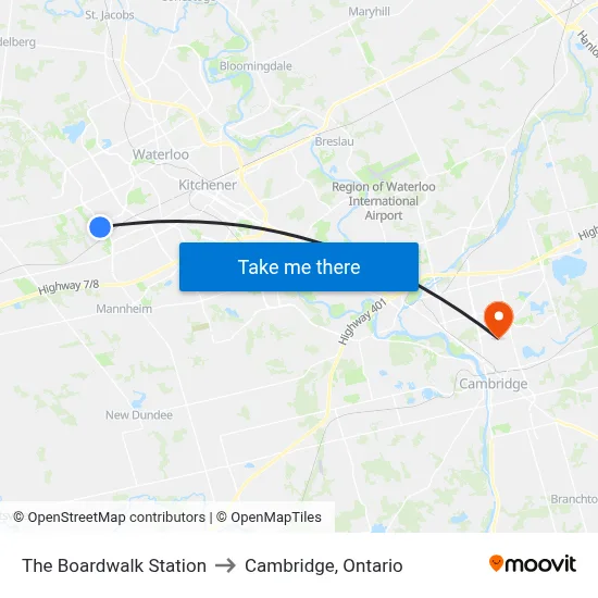The Boardwalk Station to Cambridge, Ontario map