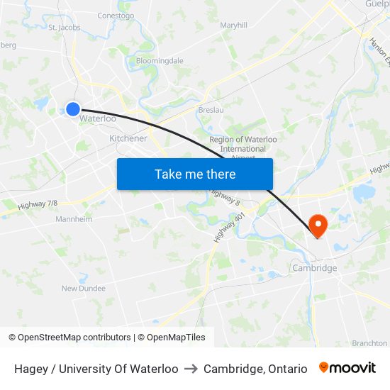 Hagey / University Of Waterloo to Cambridge, Ontario map