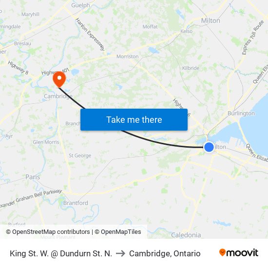 King St. W. @ Dundurn St. N. to Cambridge, Ontario map