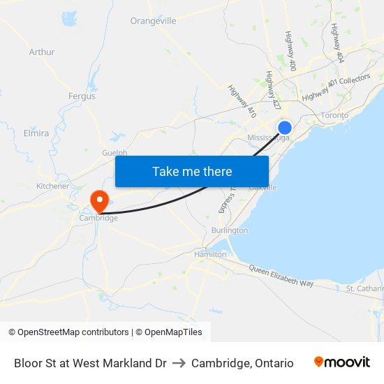 Bloor St at West Markland Dr to Cambridge, Ontario map