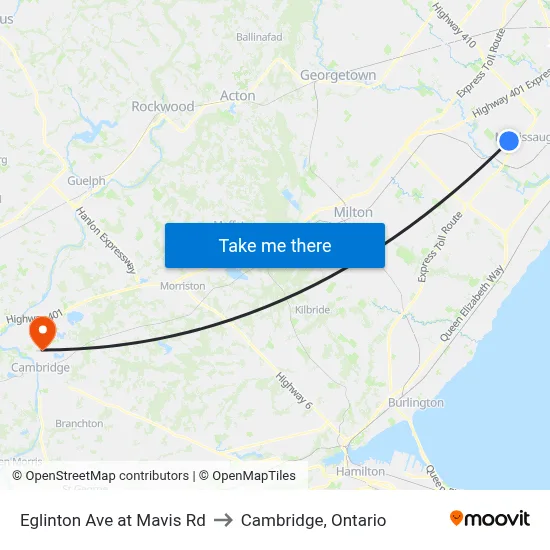 Eglinton Ave at Mavis Rd to Cambridge, Ontario map