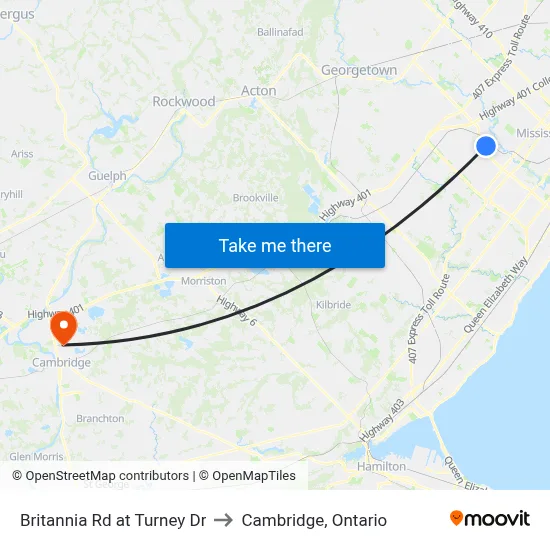 Britannia Rd at Turney Dr to Cambridge, Ontario map