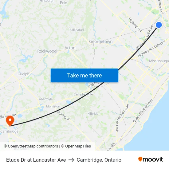 Etude Dr at Lancaster Ave to Cambridge, Ontario map