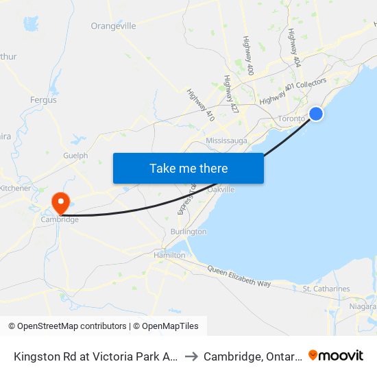 Kingston Rd at Victoria Park Ave to Cambridge, Ontario map