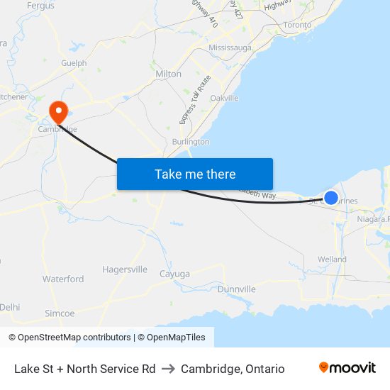 Lake St + North Service Rd to Cambridge, Ontario map