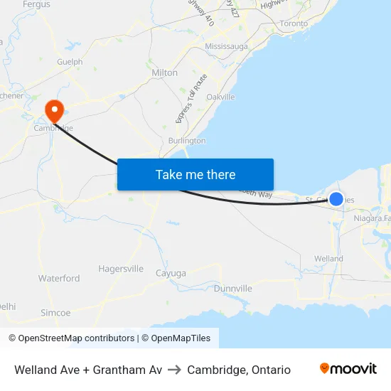 Welland Ave + Grantham Av to Cambridge, Ontario map