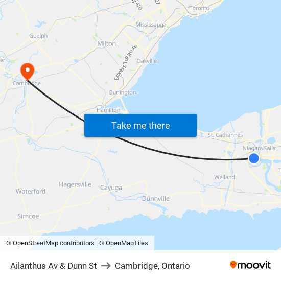 Ailanthus Av & Dunn St to Cambridge, Ontario map