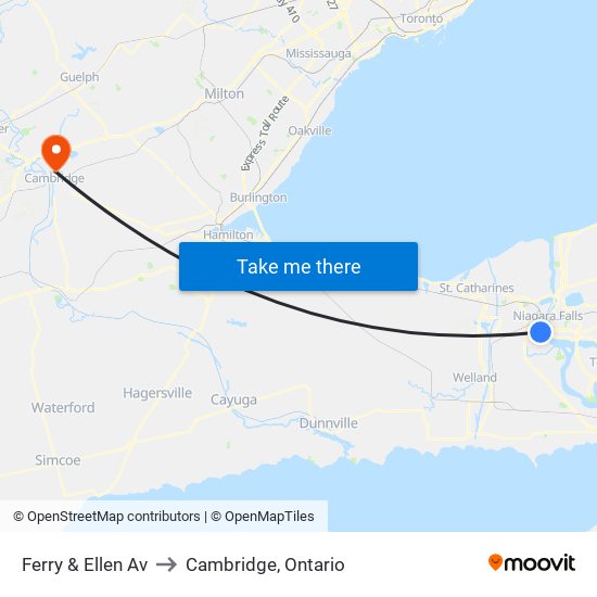 Ferry & Ellen Av to Cambridge, Ontario map