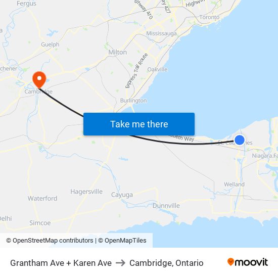 Grantham Ave + Karen Ave to Cambridge, Ontario map