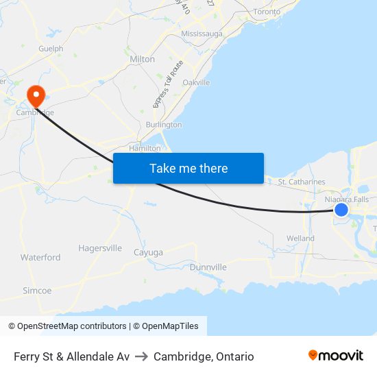 Ferry St & Allendale Av to Cambridge, Ontario map