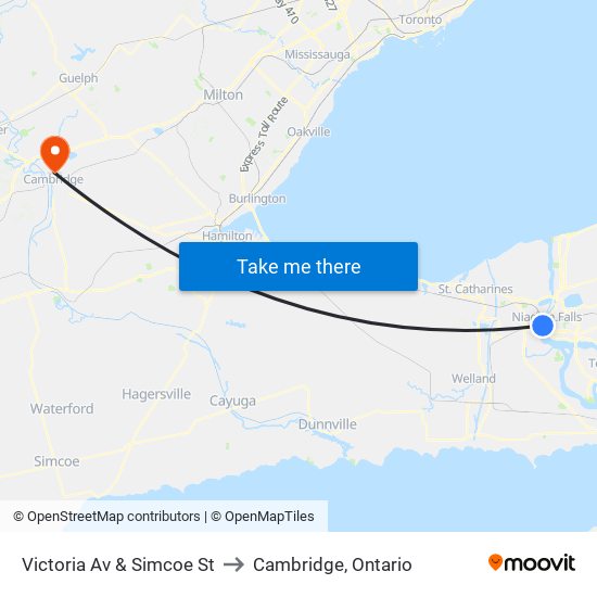 Victoria Av & Simcoe St to Cambridge, Ontario map