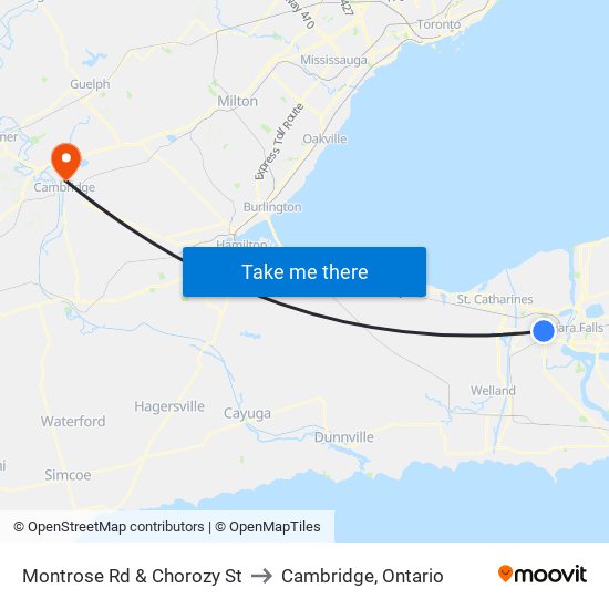 Montrose Rd & Chorozy St to Cambridge, Ontario map