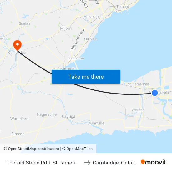 Thorold Stone Rd + St James Av to Cambridge, Ontario map